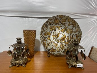 Gold Tone Decor Lot Including  Candle Sticks