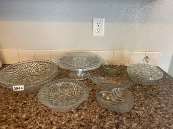 Miscellaneous Glass Dishes Including Cake Stand.