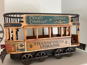 Double Decker French Trolley Car With Cast Iron Wheels And Wood Frame.