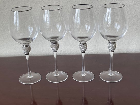 Set Of 4 Silver Diamante Wine Glasses Hand Blown W/ Silver Rim & Crystals - Like New! K78