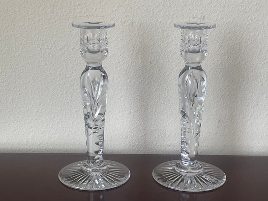Pair Of Hand Cut Glass Candle Holders - Like New! K124