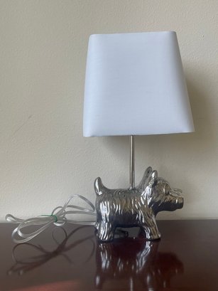 Silver Scottie Dog Table Lamp, Silver Finish White Linen Shade T5