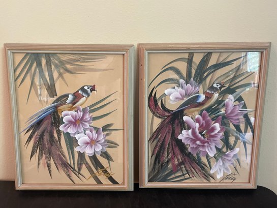 Pair Of Vintage Birds Of Paradise Paintings, Signed AR56