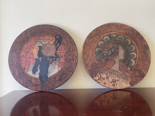 Antique 1902 Art Nouveau Wooden Carved & Stained Pair Of Pyrographic Cameo Wall Portraits Signed By Artist L26