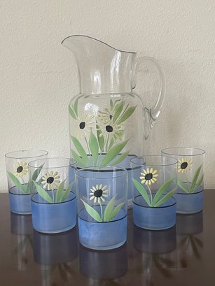 Vintage Pitcher/glasses W/ Hand Painted Sunflowers K36