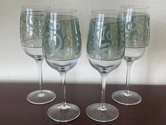 Set Of 4 Wine Glasses & 6 Champagne Glasses W/ Etched Pattern On Pale Green K41
