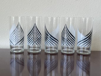 Set Of 5 Vintage MCM Black & White On Clear Glass Highball/tumblers - Like New! K43