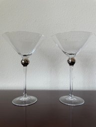 Pair Of Blown Glass Martini Glasses W/ Silver Balls On Top Of Stems K48