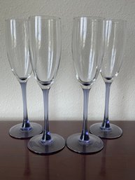 Set Of 4 Cristal D'arques Durano Azur Blue Champagne Flutes K50