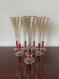 8pc Vintage Set Of 'rioja' Red Stem Hand Painted W/ Gold Champagne Flutes - Like New! K57