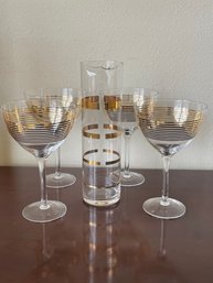 5pc Set Of Gold Banded Martini Glasses & Martini Pitcher Glassware K61