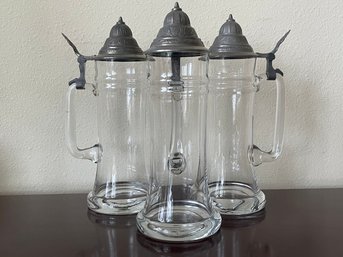 Set Of 3 Vintage German Glass Beer Steins W/ Pewter Lids - Like New! K67