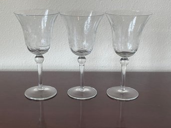 Set Of 3 Vintage Etched Crystal Wine Glasses W/ Vining Floral Design K80