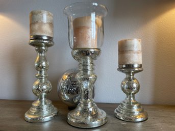 Set Of Mercury Glass Candle Holders, Candles & Gazing Ball