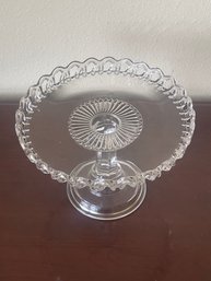 Vintage Glass Pedestal Cake Plate, Open Lace Scalloped Edge K108