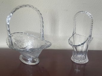 Lot Of 2 Small Vintage Heisey Cut Glass Brides Baskets  Hand Cut W/ Floral & Vine Designs & Cut Details  K110