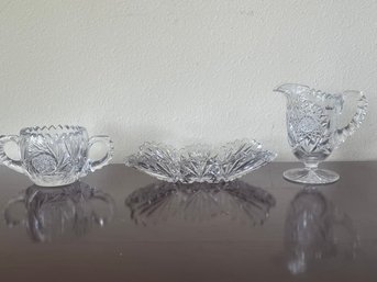 3pc Lot Of Vintage American Brilliant Cut Glass, Cream & Sugar, Relish Dish All W/ Sawtooth Rims K115