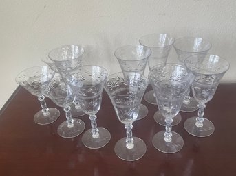 Set Of Antique Crystal Stemware Etched W/ Vines & Sunflowers K119