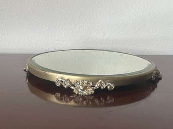 Antique Plateau Dresser Vanity Tray, Beveled Mirror W/ Brass Frame & Cast Brass Ornate Feet T1