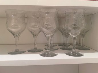 Set Of 10 Vintage (c. 1930s) Tiffen Wine Glasses W/ Art Deco Pattern Etching - Like New! K129