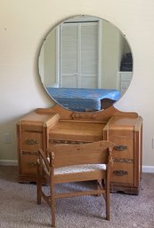 Vintage/antique 'waterfall' Art Deco Dressing Table W/ Round Mirror And Chair D37