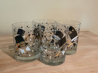 Set Of 4 MCM Vintage Double Old Fashioned Glasses W/ Top Hats And Confetti K139