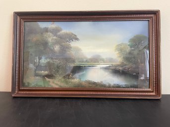 Beautiful Vintage Pastel Painting Of 'fisherman On Bank Of A River' AR31