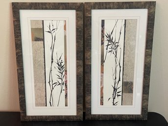 Pair Of Bamboo Prints Matted In Textured Gold & Bronze Frames AR54