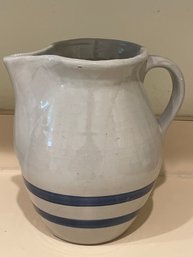 Vintage Stoneware Pitcher W/ 2 Cobalt Blue Bands T41