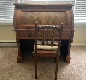 Antique Victorian Solid Walnut Cylinder Top Desk & Chair W/ Eastlake Details D38