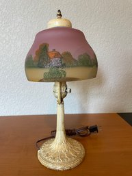 Antique Table Lamp W/reverse Painted Shade