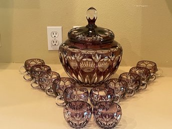 Stunning Vintage Antique Lead Crystal Covered Punch Bowl & 12 Cups K150