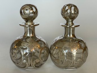 Pair Antique Silver Overlay Perfume Bottles