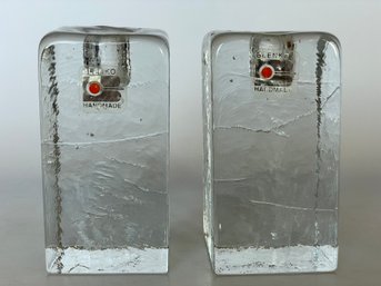 Pair Of Vintage Blenko 'Ice Cube' Candleholders