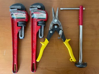 Lot Of Pipe Wrenches & Tin Snips