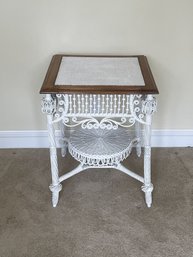 Heywood Wakefield - Antique White Woven Wicker Side Table W/ Wood Frame A1