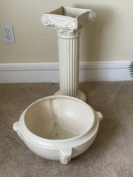 Roman Greek Ionic 2 Piece Pillar Plant Pedestal W/ Faux Plant, Ivory Ceramic.