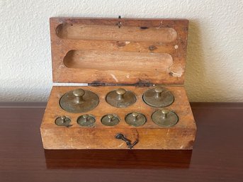 Antique Brass Apothecary Scale Weights In Wooden Box A30