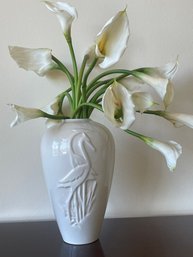 White Vase With Crane Design And White Faux Flowers A33