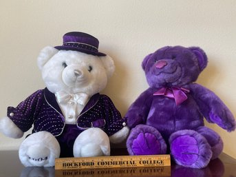 Two Teddy Bears, One Fashionable White New Year/NYE 2004 & One Simple Purple  A34