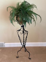 Antique Hand Forged Black Finish Iron Plant Stand With Hammered Brass Flower & Faux Fern L3