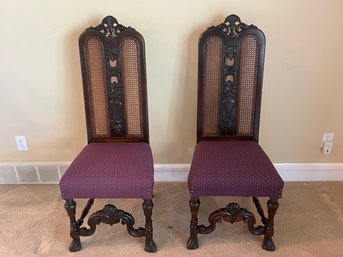 Pair Of Antique High Walnut Chairs With Cane Back, Carved Feet & Stretchers & Purple Aubergine Cushion L4