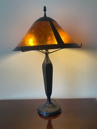 Hammered Metal Table Lamp With A Dark Finish And Mica Shade L5