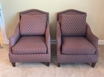 Pair Of High Quality Easy Chairs With Loose Cushions, Brad Details, Curved Arms, And A Poly Copper Fabric L6