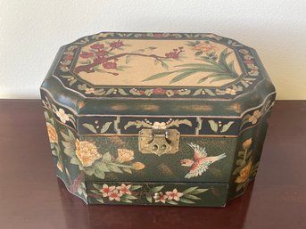 Large Jewelry Box With Velvet Lining, Asian Floral Design, Removable Tray, Mirror, And Brass Closure L16