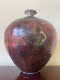 Japanese Wheel Thrown Raku Vase With Iridescent Glaze Signed By Artist L22
