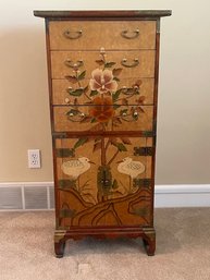 Antique Asian Two Piece Chest With Floral And Crane Details, 4 Drawers & Lower Doors L23