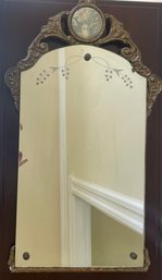 Antique Wall Mirror With Wood Frame, Gold Finish, Circular Floral Celluloid Detail, & Etched Design L24