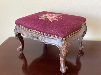Antique Victorian Walnut Footstool W/ Needle Paint Top L37
