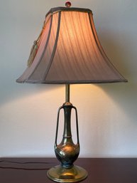 Antique Brass Table Lamp W/ Copper Leaf Overlay & Silk Shade L38